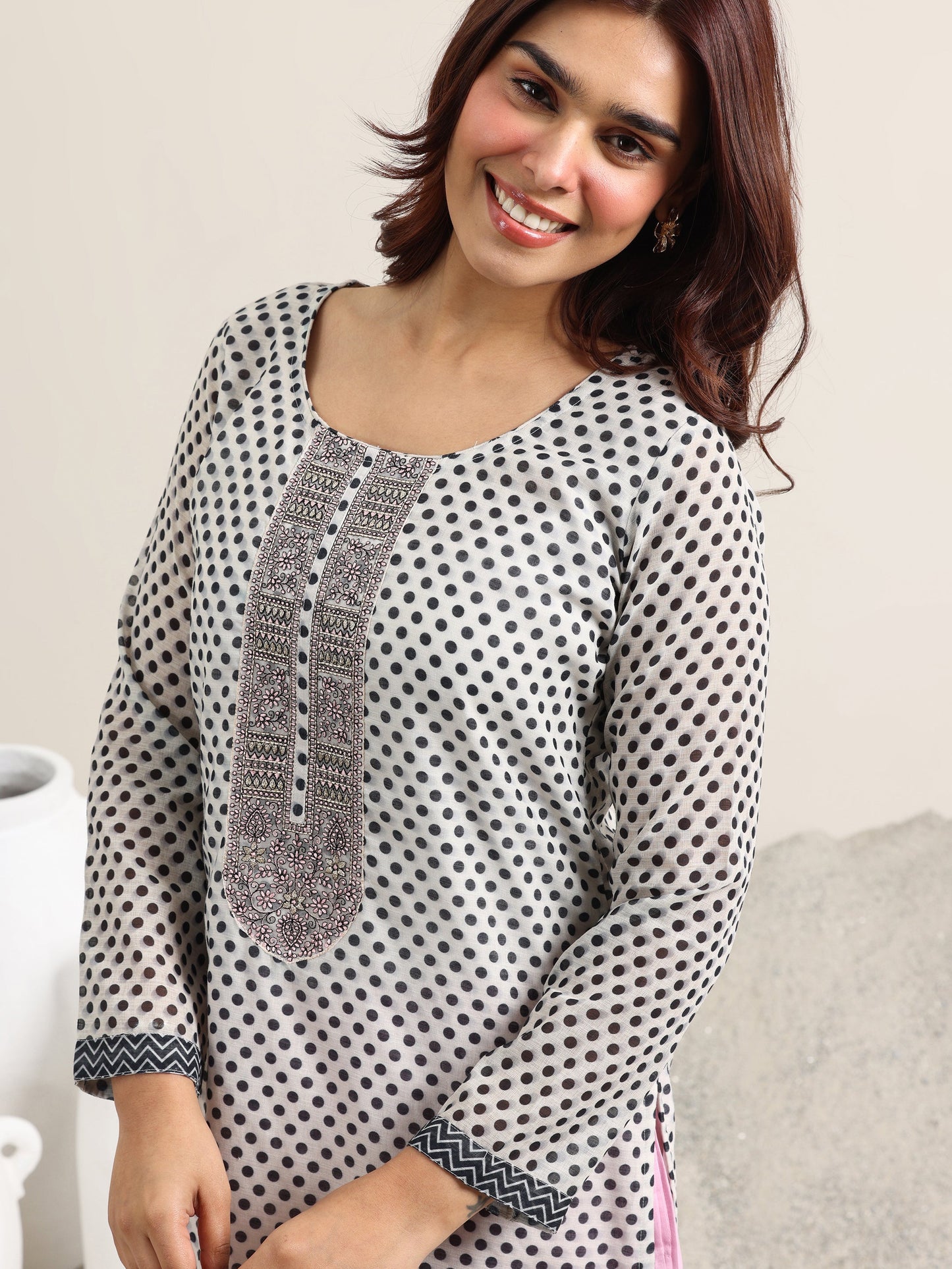 Off White Printed Linen Straight Suit Set With Dupatta