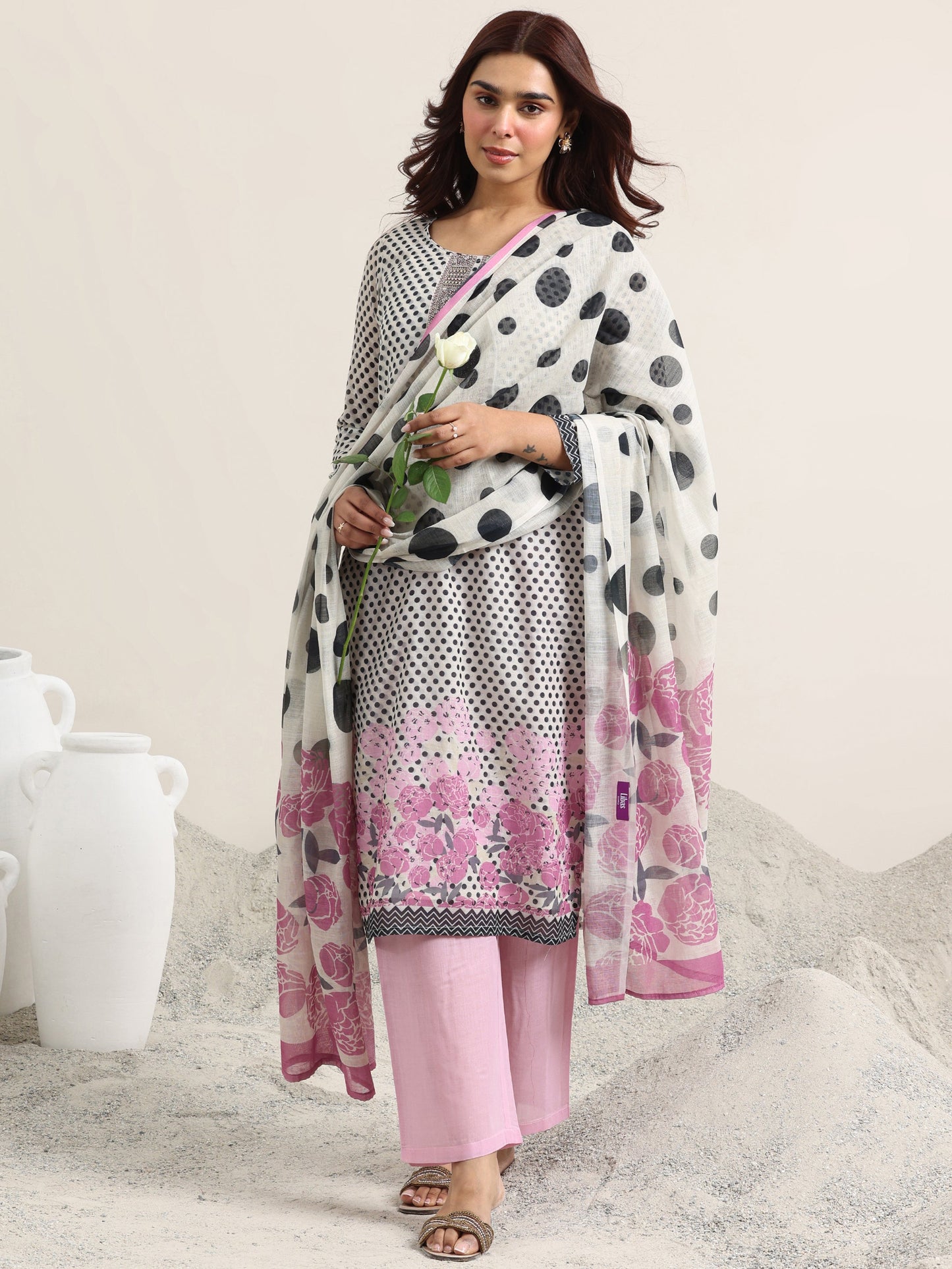 Off White Printed Linen Straight Suit Set With Dupatta
