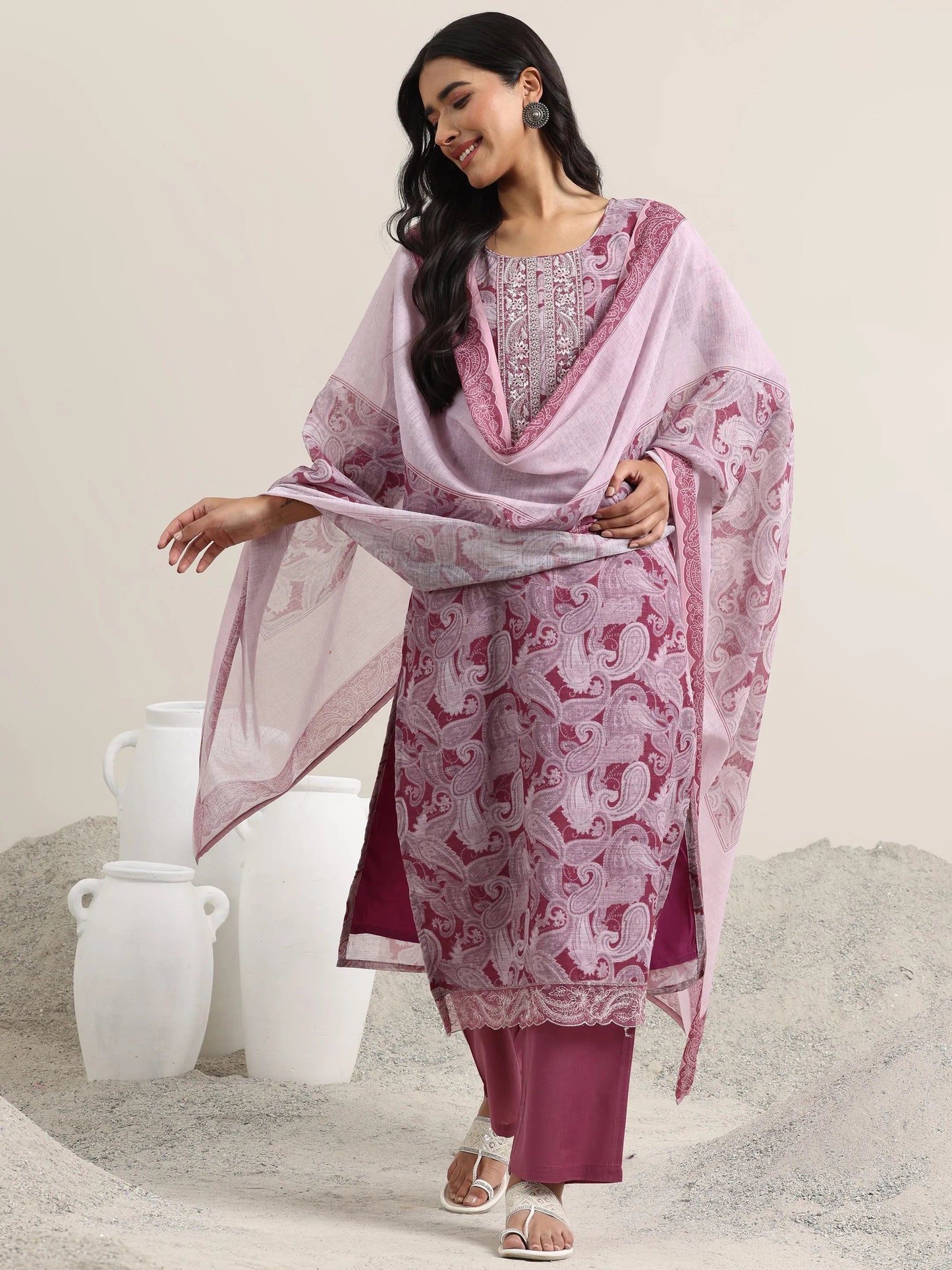 Pink Printed Linen Straight Suit With Dupatta