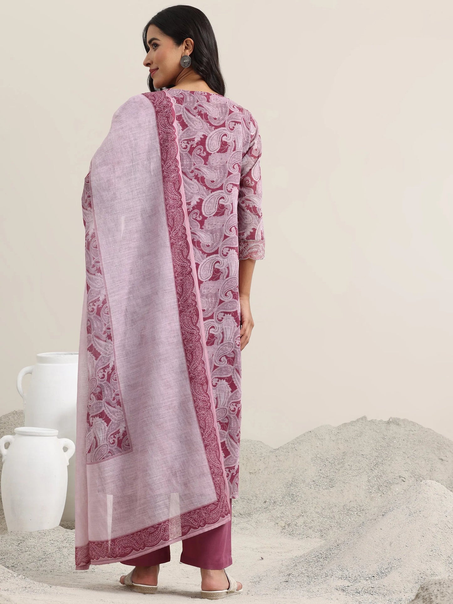 Pink Printed Linen Straight Suit With Dupatta
