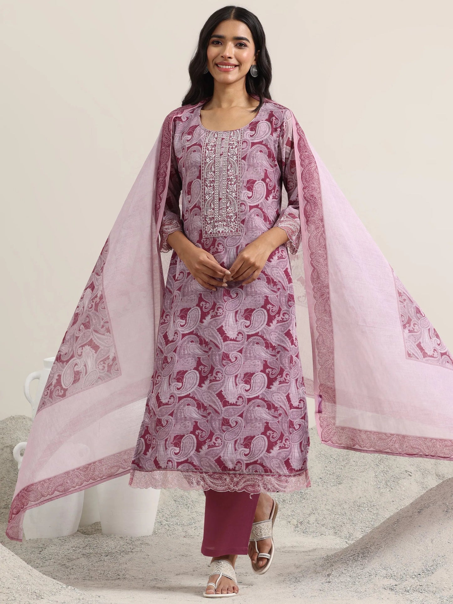 Pink Printed Linen Straight Suit With Dupatta