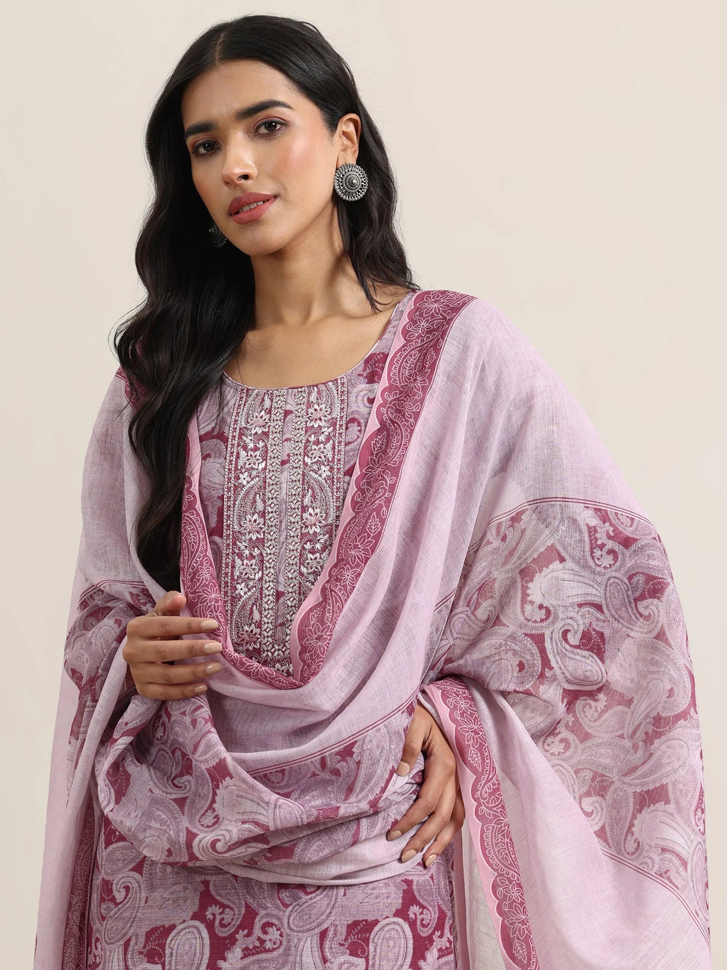 Pink Printed Linen Straight Suit With Dupatta