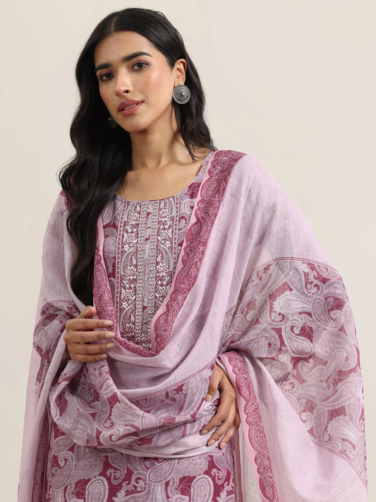 Pink Printed Linen Straight Suit With Dupatta
