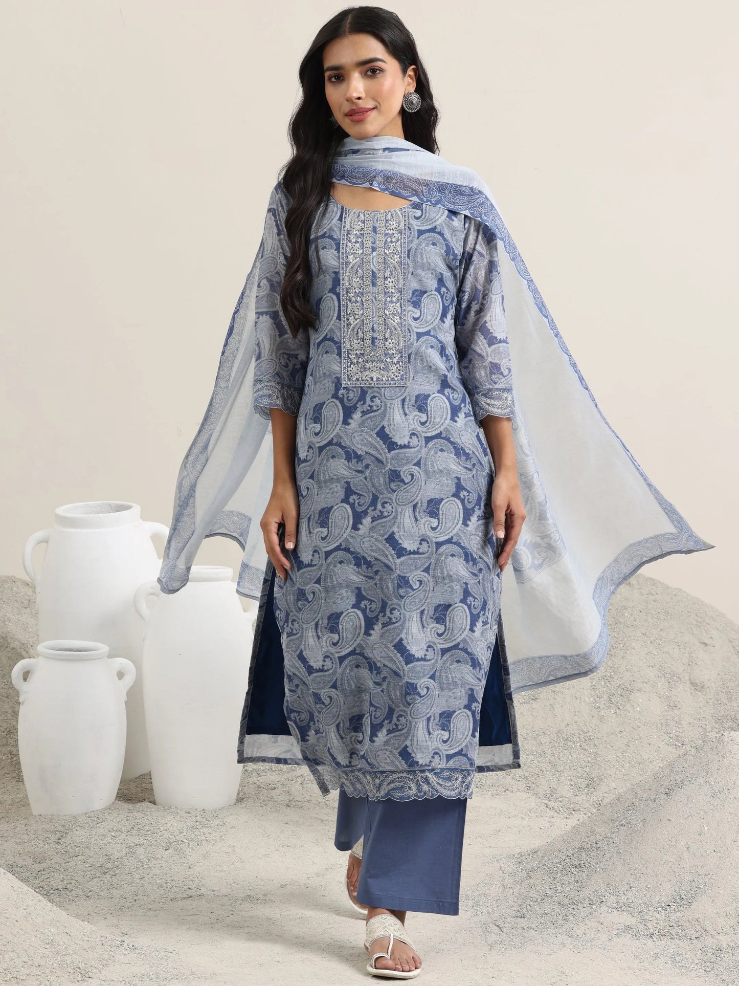 Blue Printed Linen Straight Suit With Dupatta
