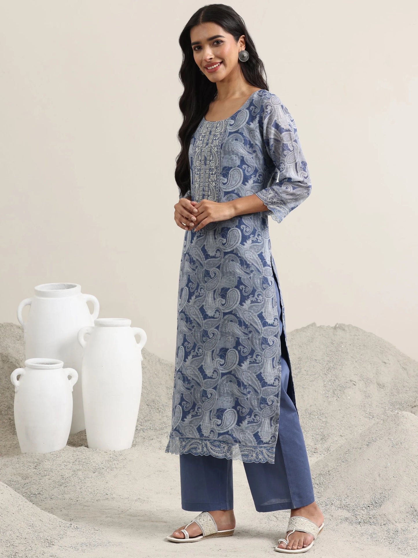 Blue Printed Linen Straight Suit With Dupatta