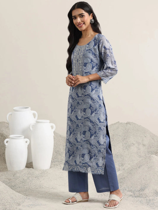Blue Printed Linen Straight Suit With Dupatta