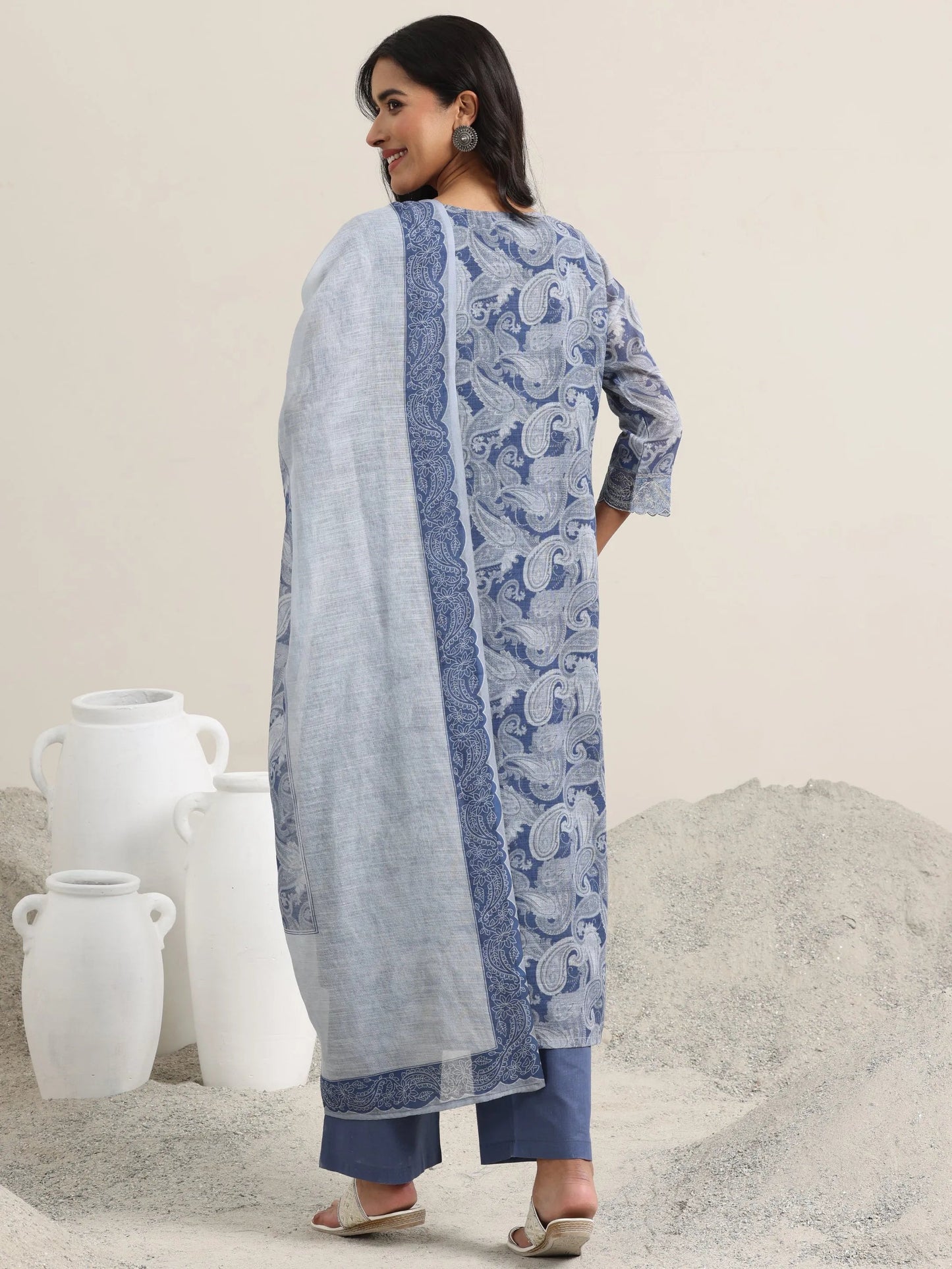 Blue Printed Linen Straight Suit With Dupatta