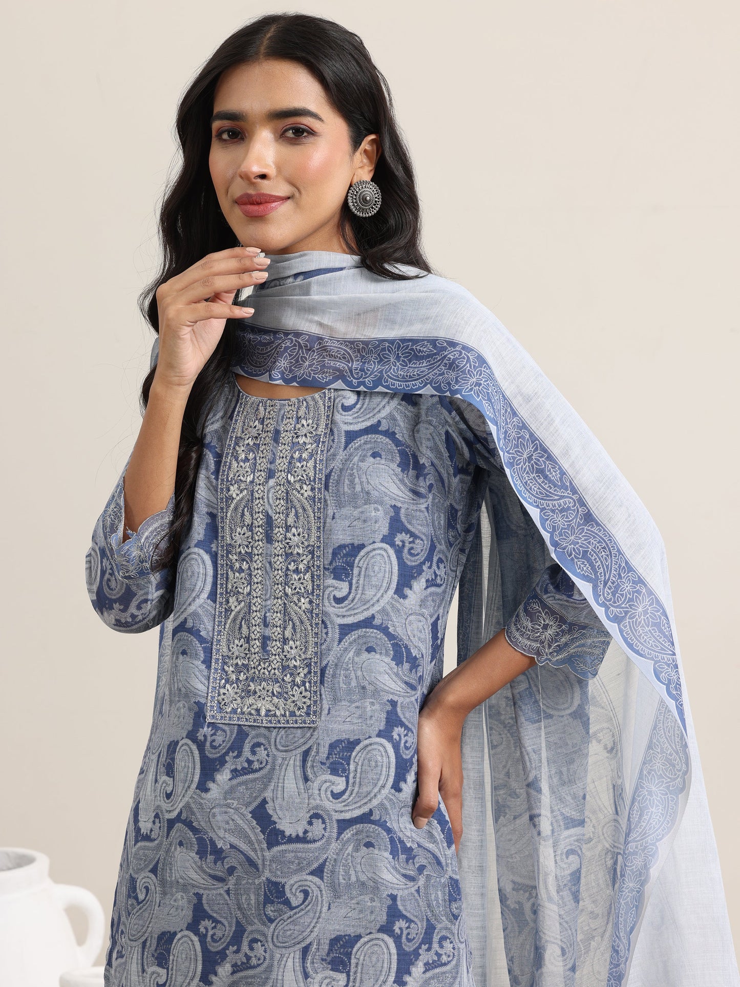 Blue Printed Linen Straight Suit With Dupatta