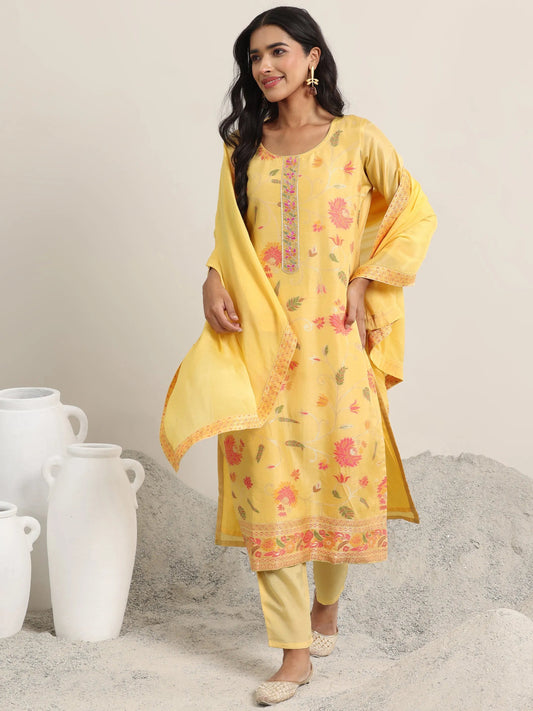 Yellow Woven Design Silk Blend Straight Suit With Dupatta