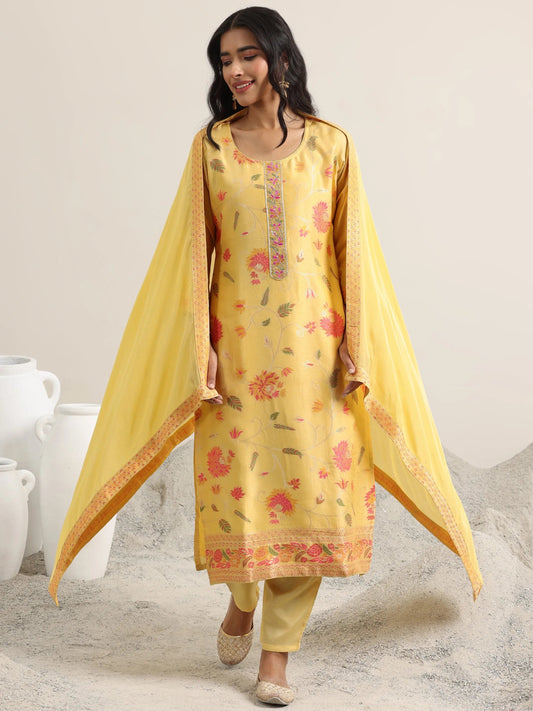 Yellow Woven Design Silk Blend Straight Suit With Dupatta