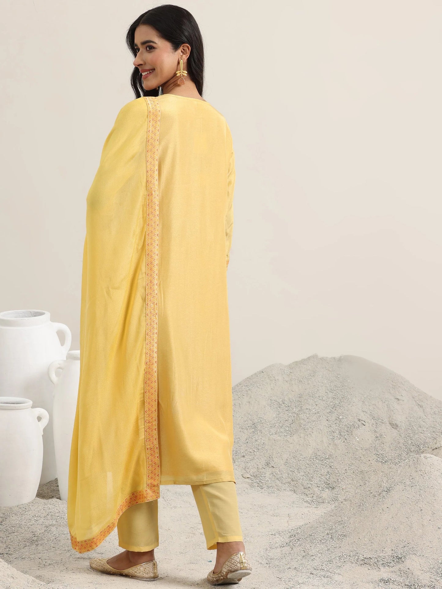 Yellow Woven Design Silk Blend Straight Suit With Dupatta