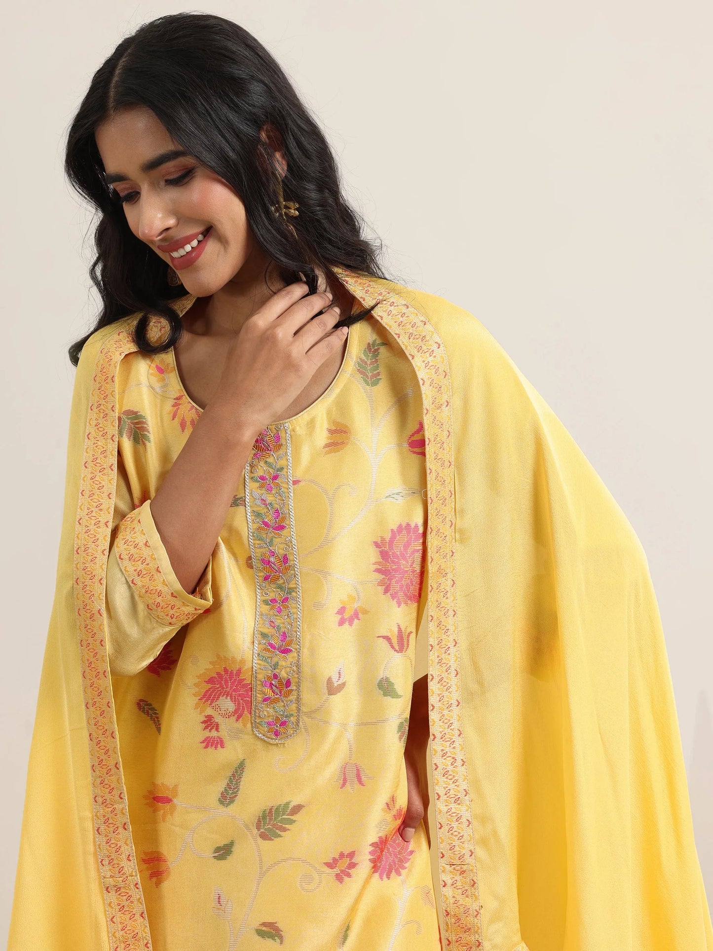 Yellow Woven Design Silk Blend Straight Suit With Dupatta