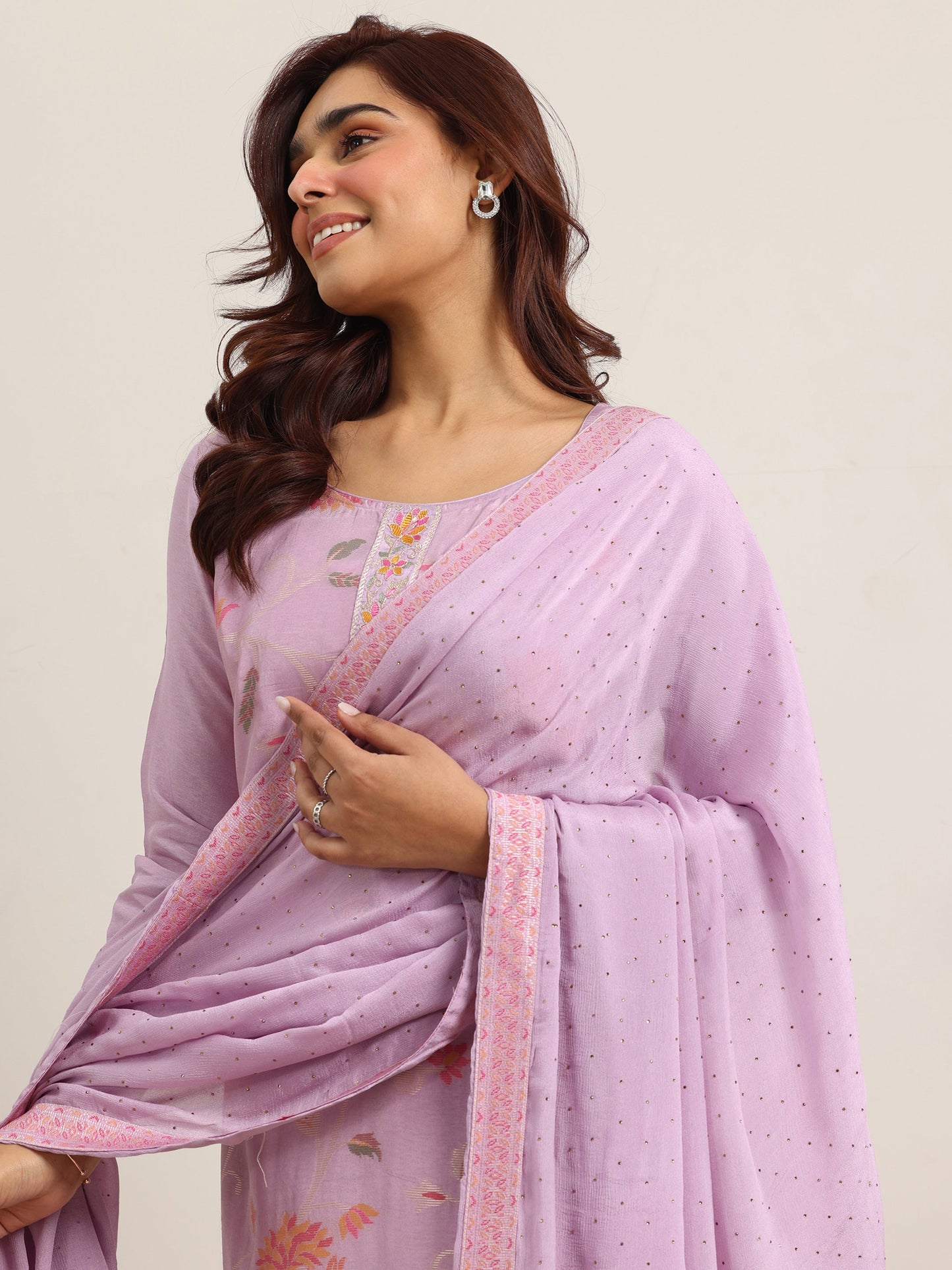 Lavender Woven Design Silk Blend Straight Suit With Dupatta