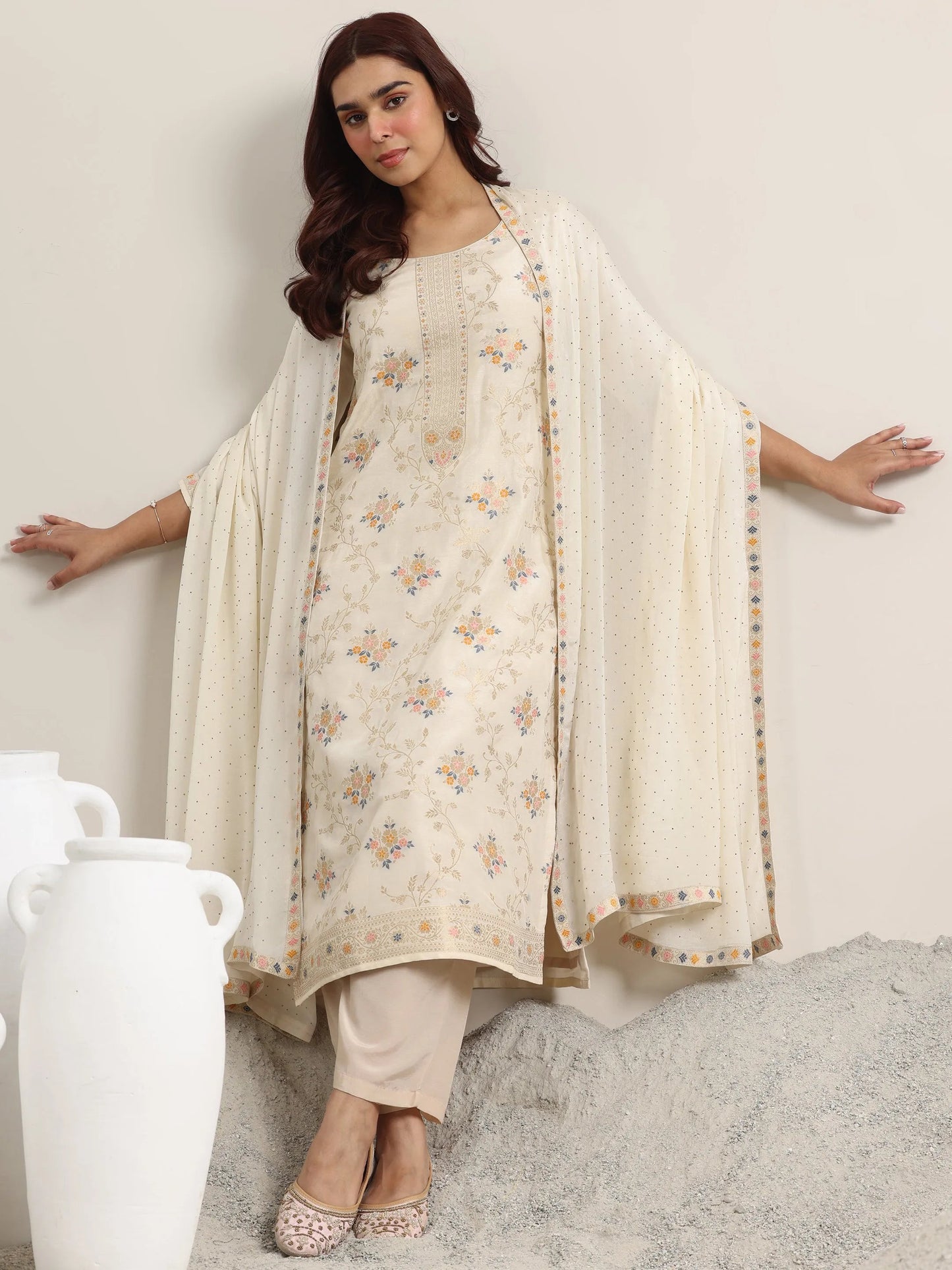Beige Woven Design Silk Blend Straight Suit With Dupatta