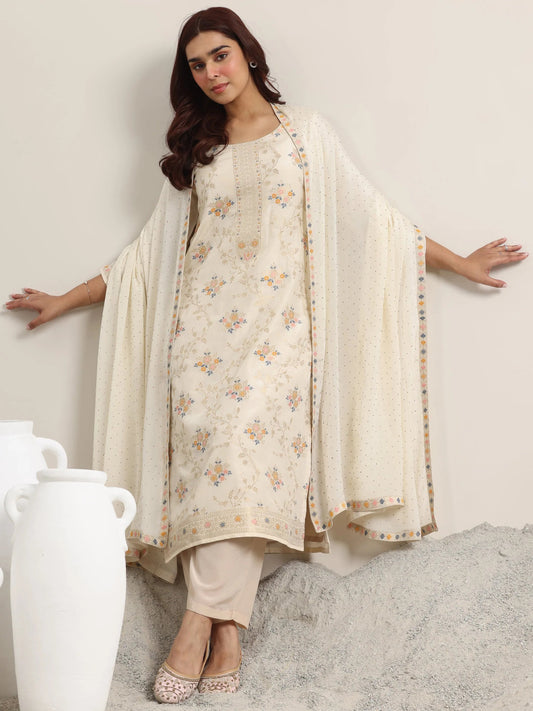 Beige Woven Design Silk Blend Straight Suit With Dupatta
