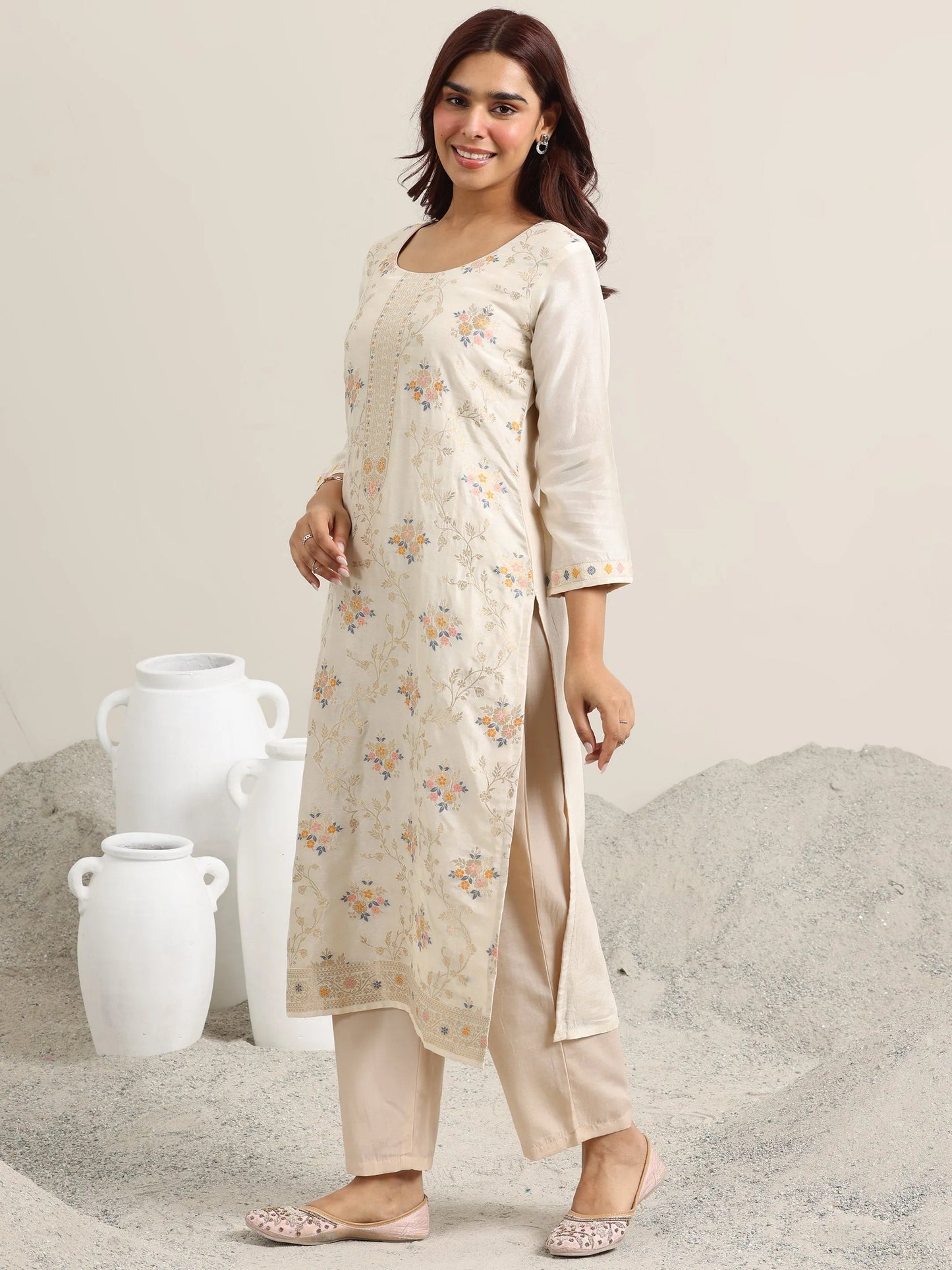 Beige Woven Design Silk Blend Straight Suit With Dupatta