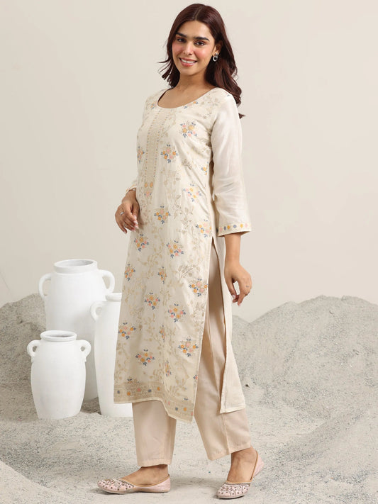 Beige Woven Design Silk Blend Straight Suit With Dupatta