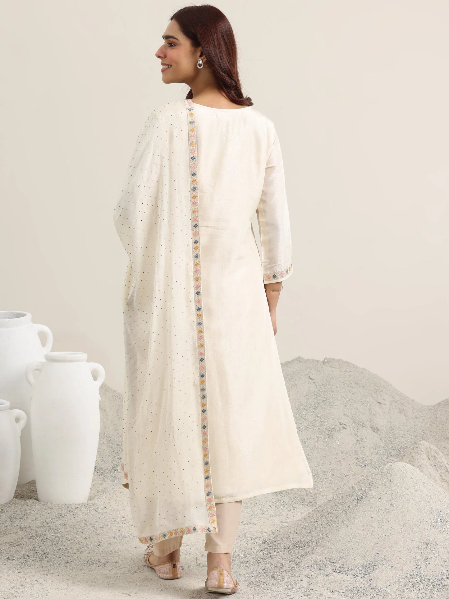 Beige Woven Design Silk Blend Straight Suit With Dupatta