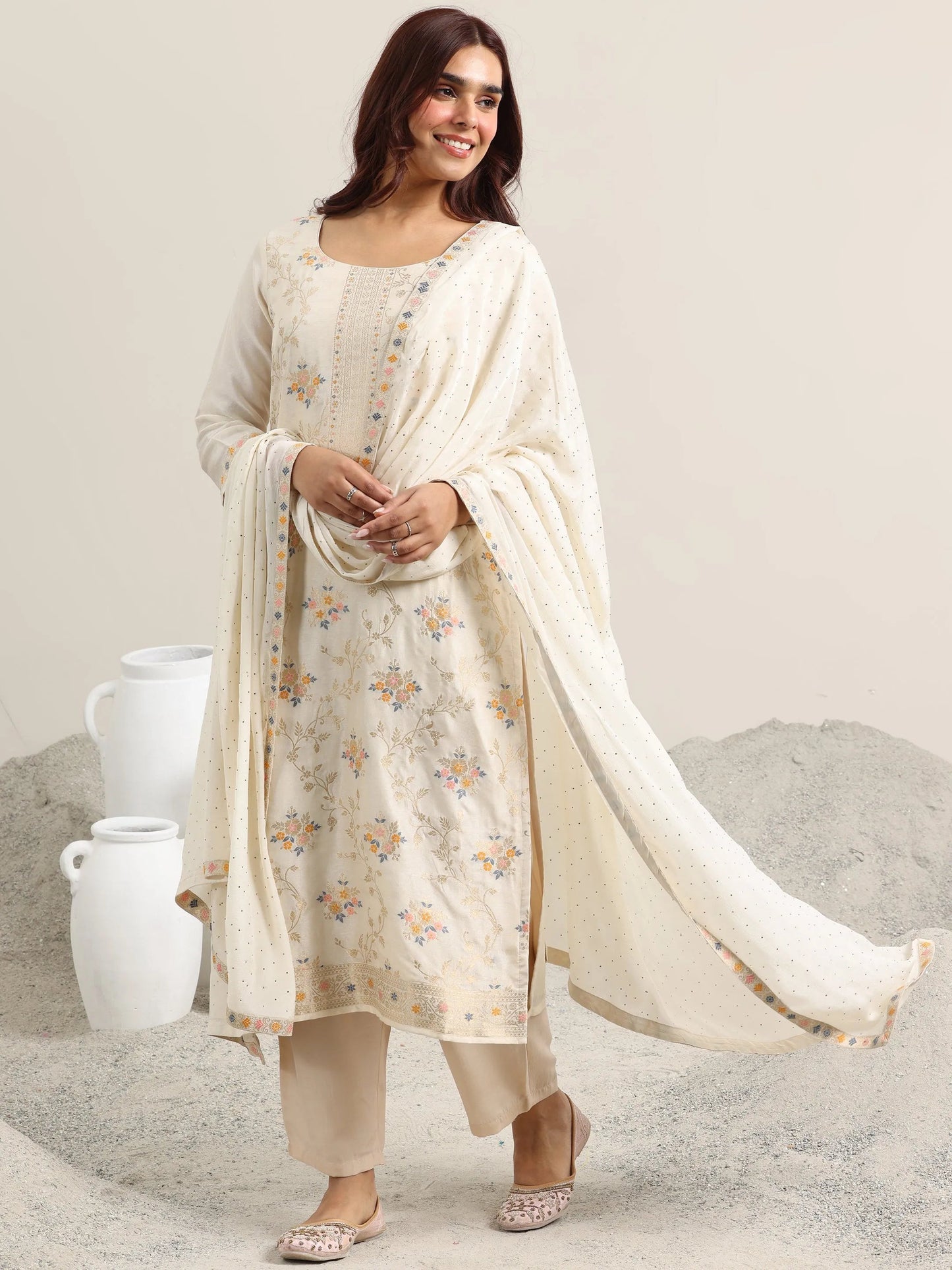 Beige Woven Design Silk Blend Straight Suit With Dupatta