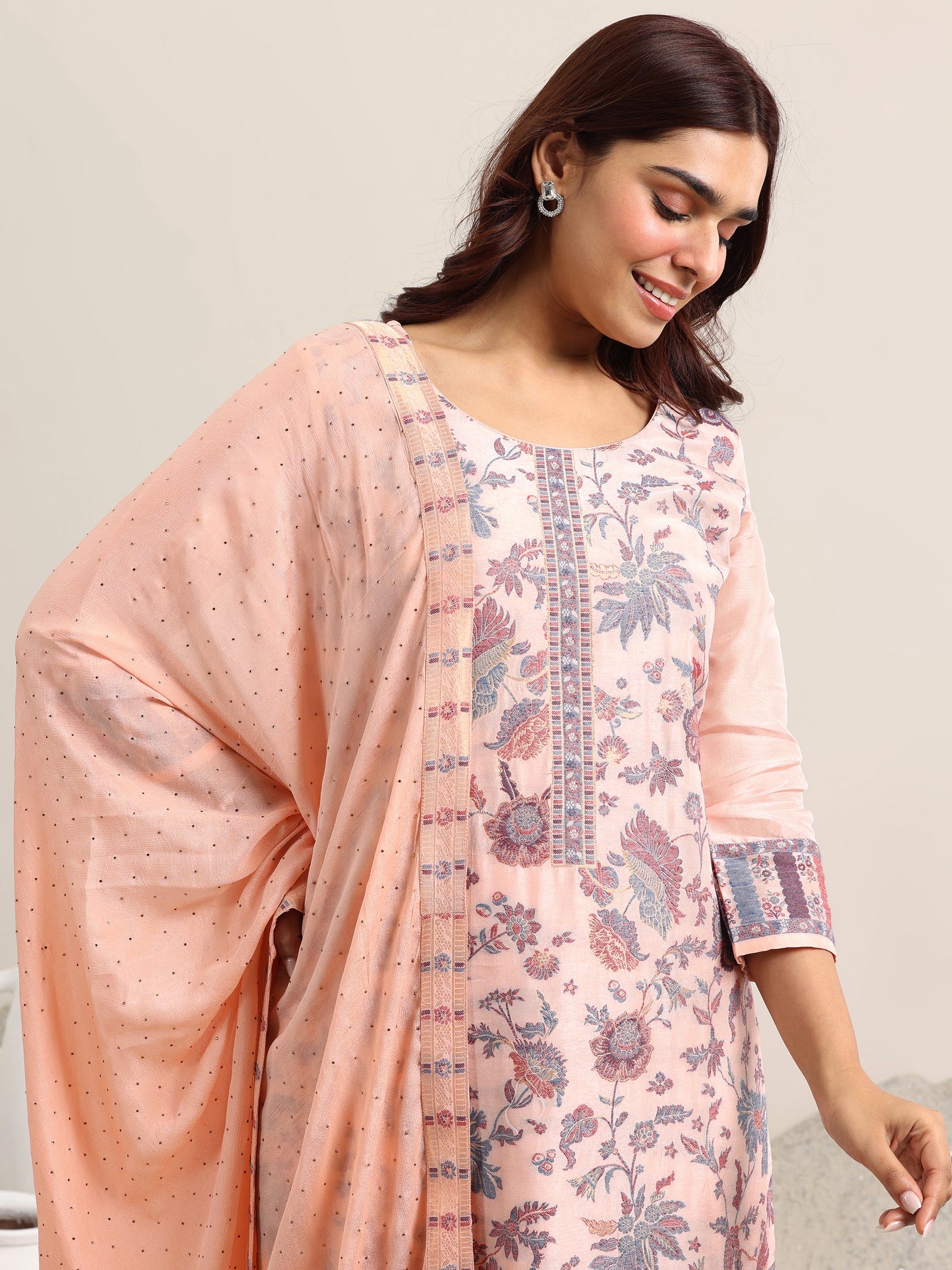 Peach Woven Design Silk Blend Straight Suit With Dupatta
