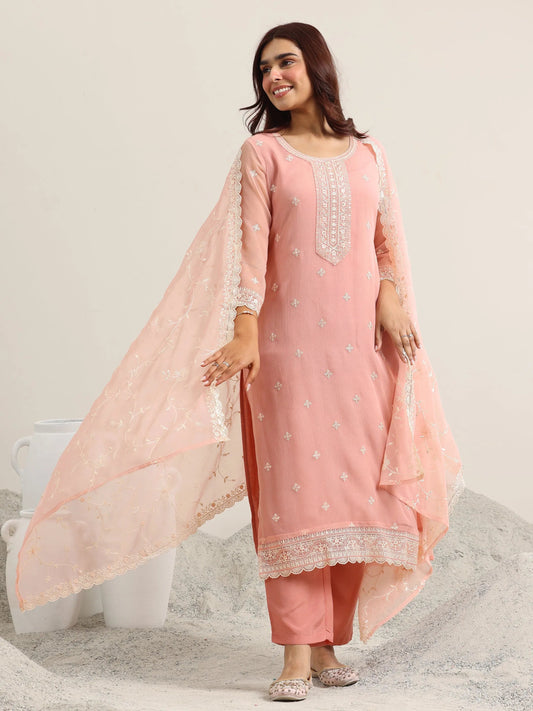 Peach Embroidered Poly Chiffon Straight Suit With Dupatta