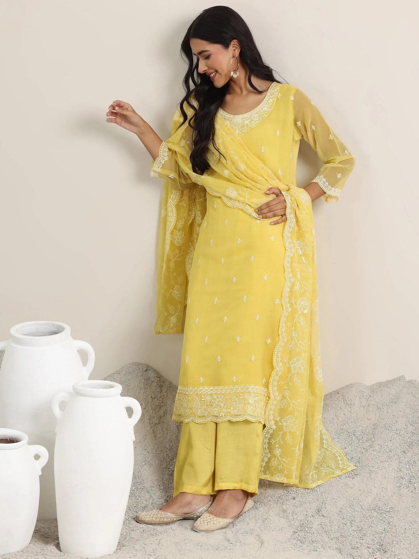Yellow Embroidered Poly Chiffon Straight Suit With Dupatta