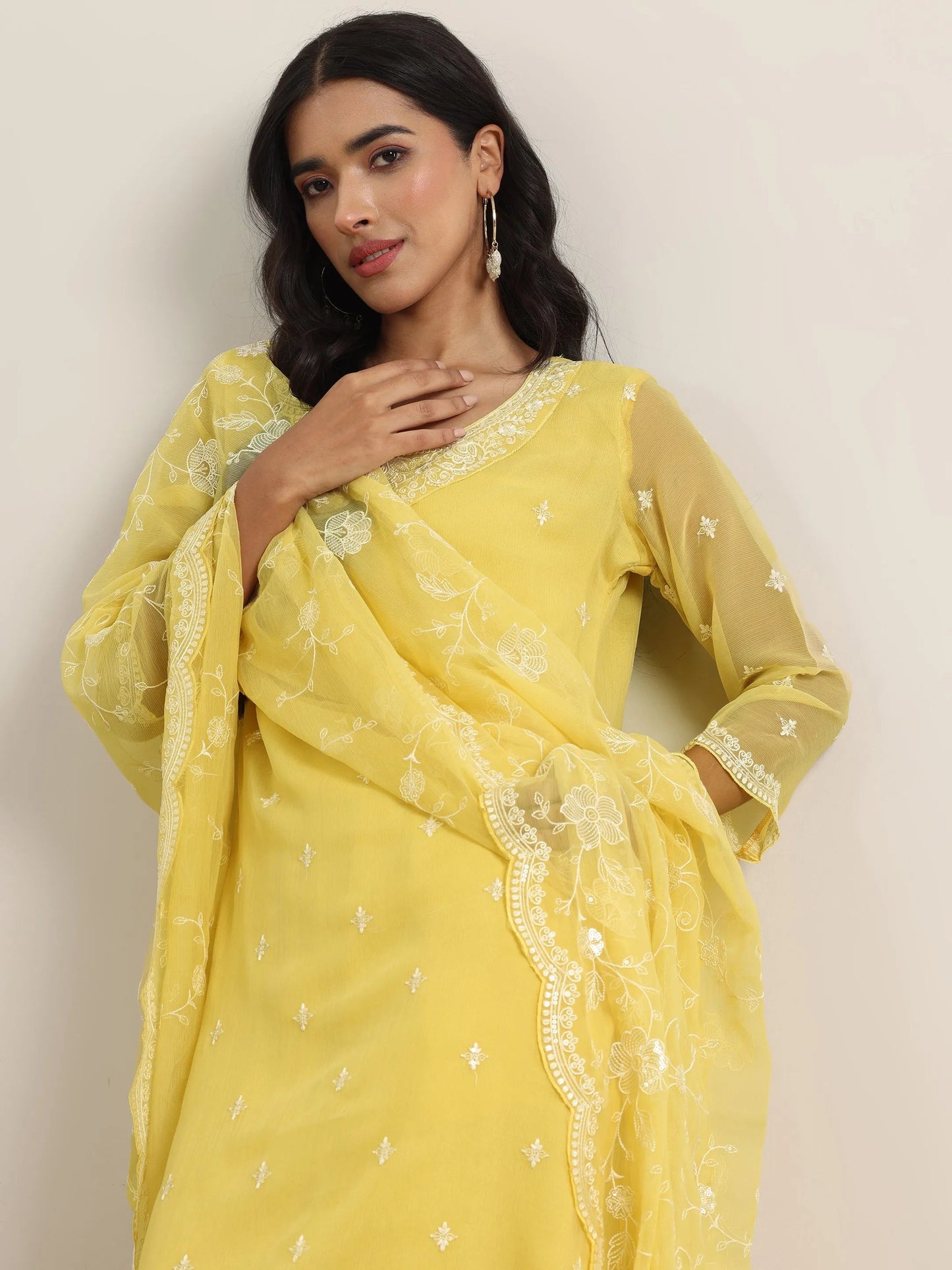 Yellow Embroidered Poly Chiffon Straight Suit With Dupatta