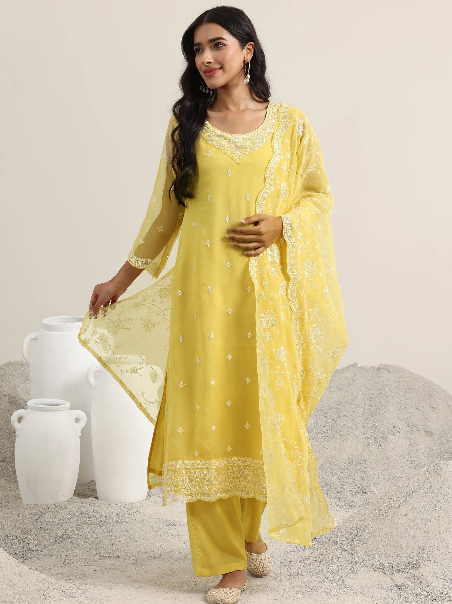 Yellow Embroidered Poly Chiffon Straight Suit With Dupatta