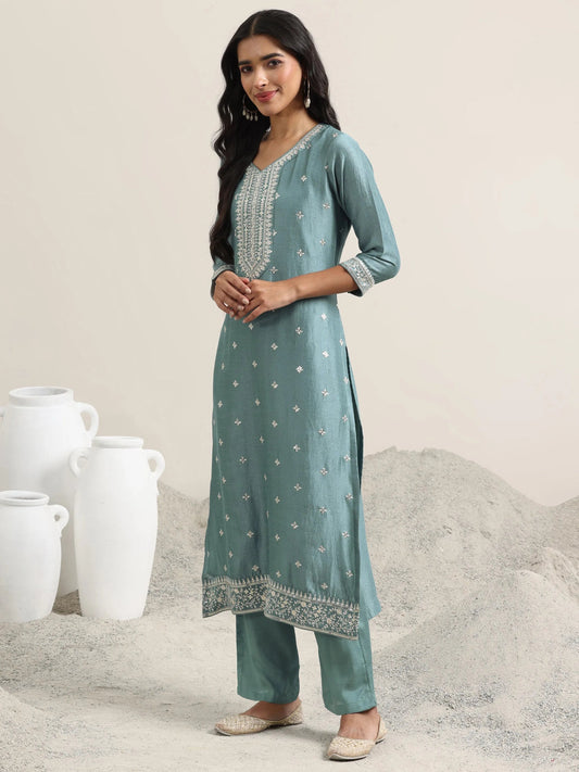 Blue Embroidered Silk Blend Straight Suit With Dupatta