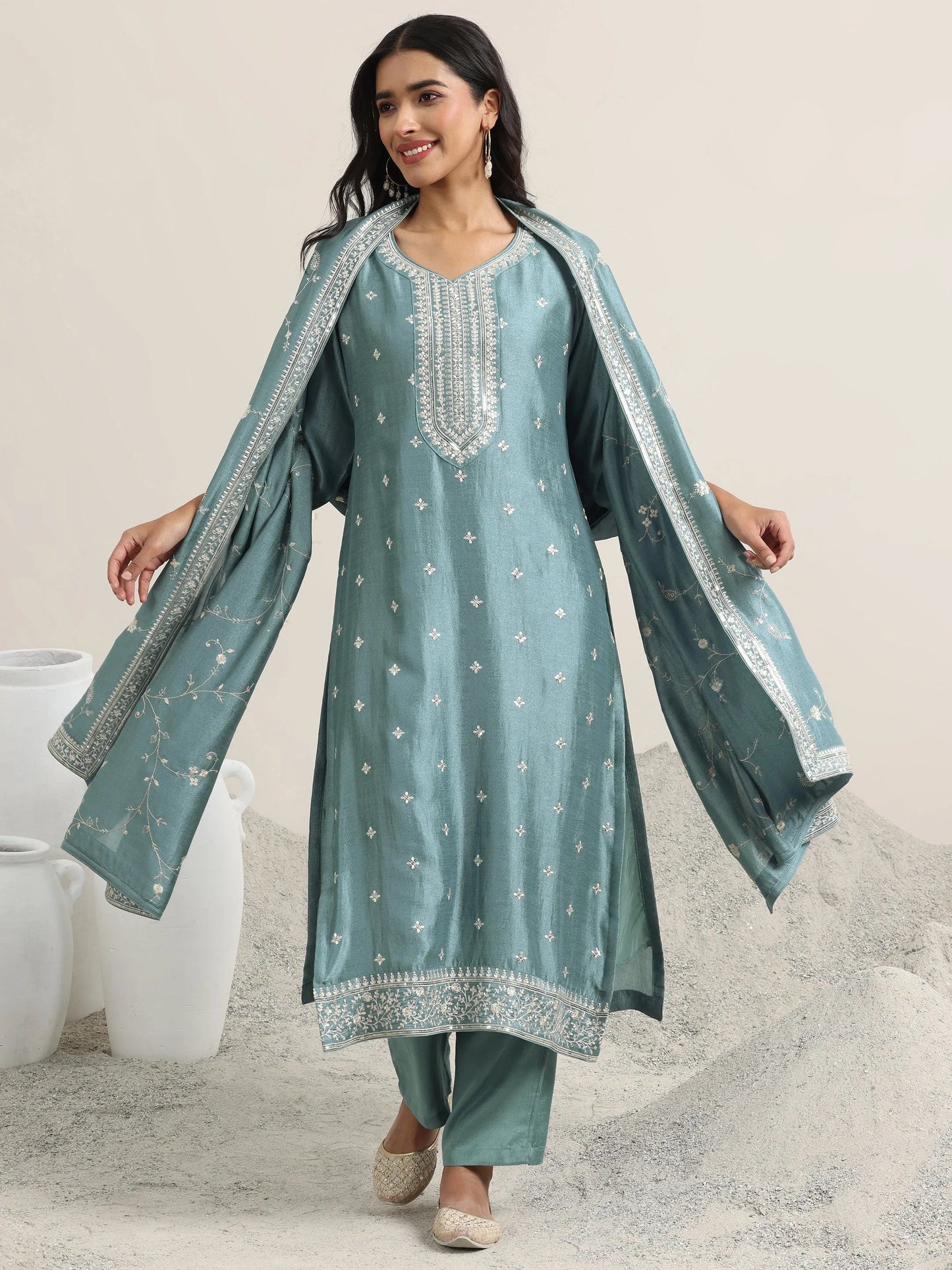Blue Embroidered Silk Blend Straight Suit With Dupatta