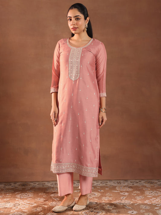 Peach Embroidered Silk Blend Straight Suit With Dupatta