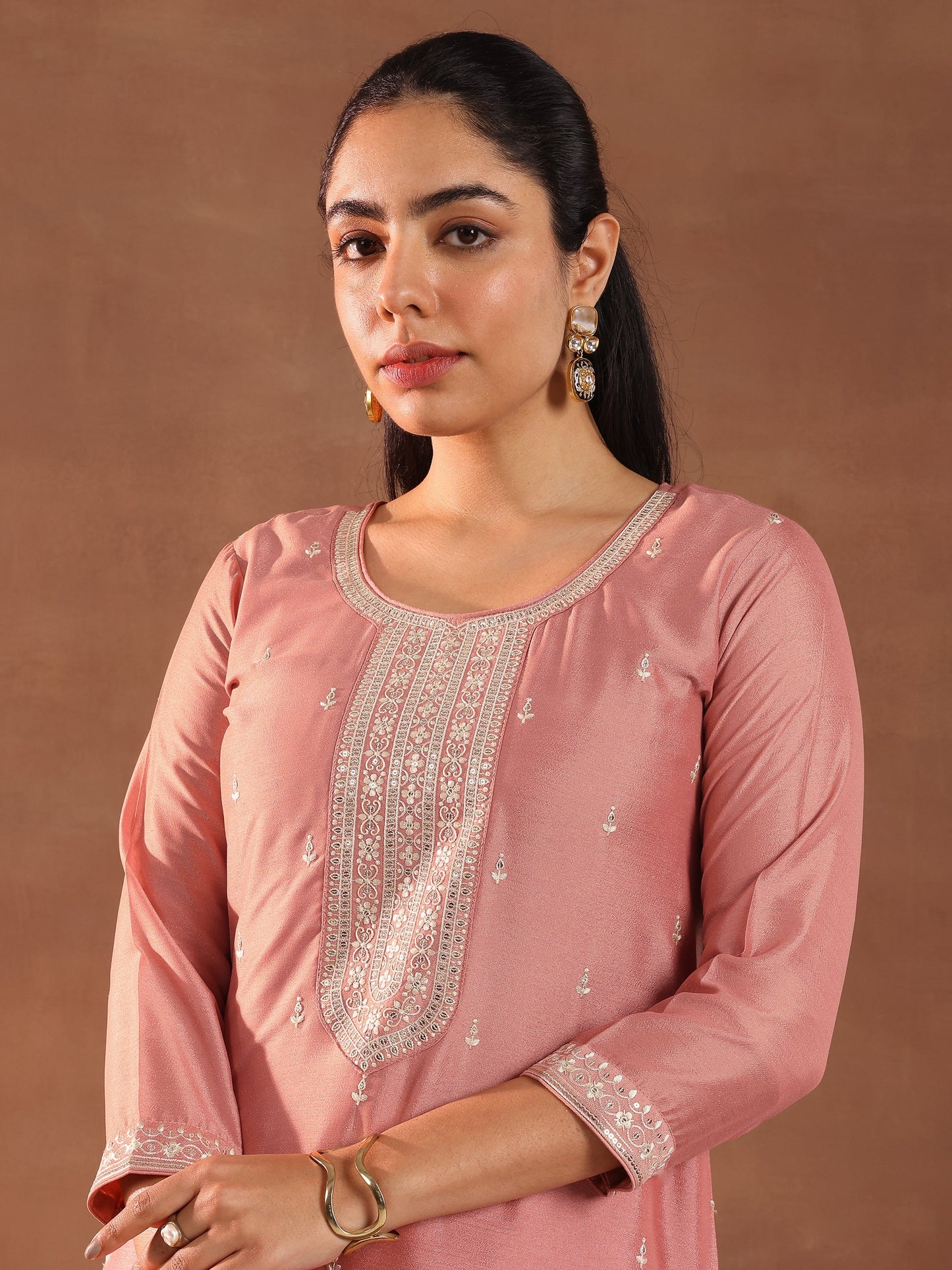 Peach Embroidered Silk Blend Straight Suit With Dupatta