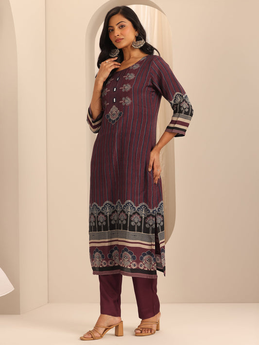 Maroon Printed Muslin Straight Suit Set With Dupatta