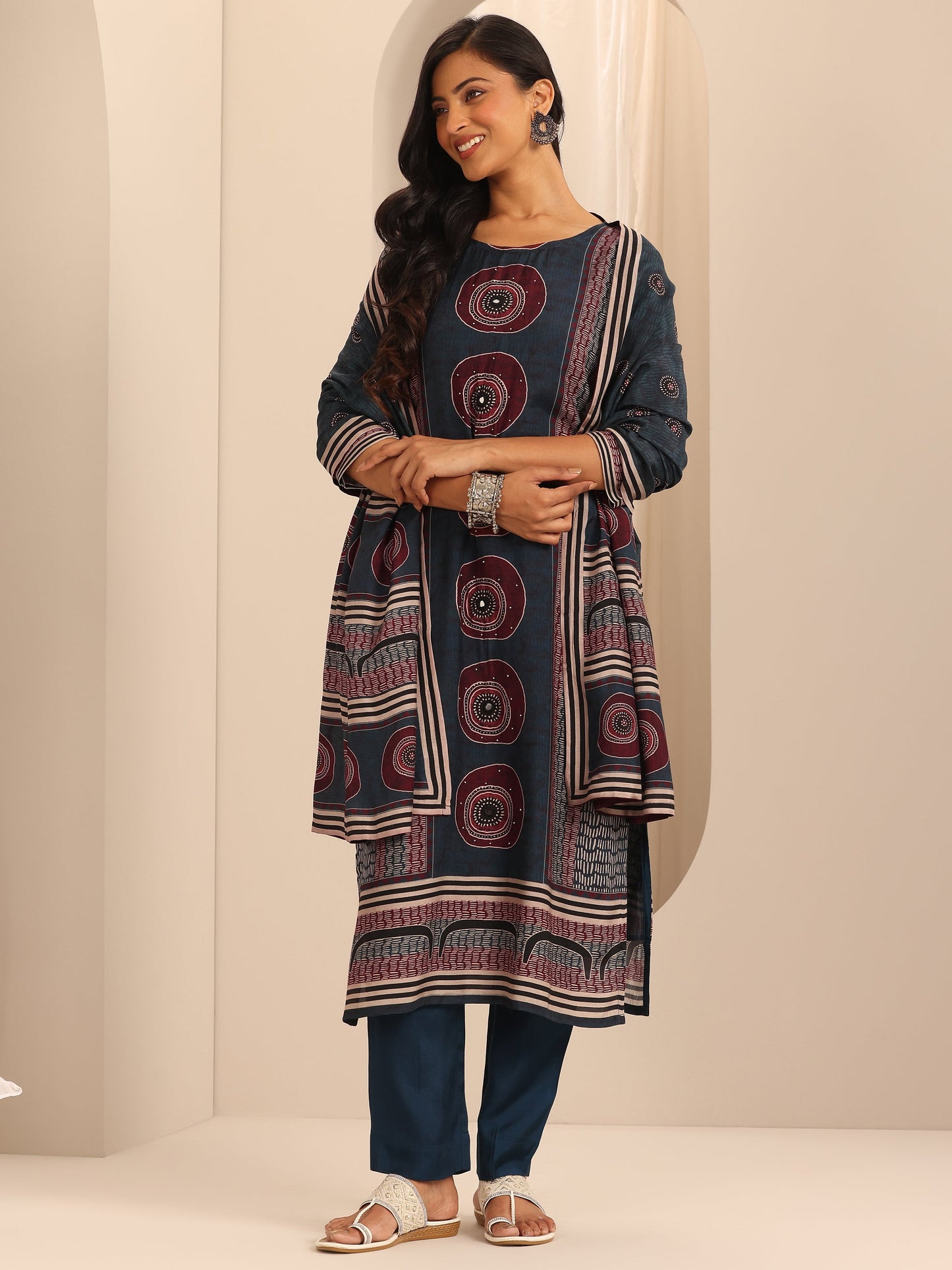 Navy Blue Printed Muslin Straight Suit Set With Dupatta