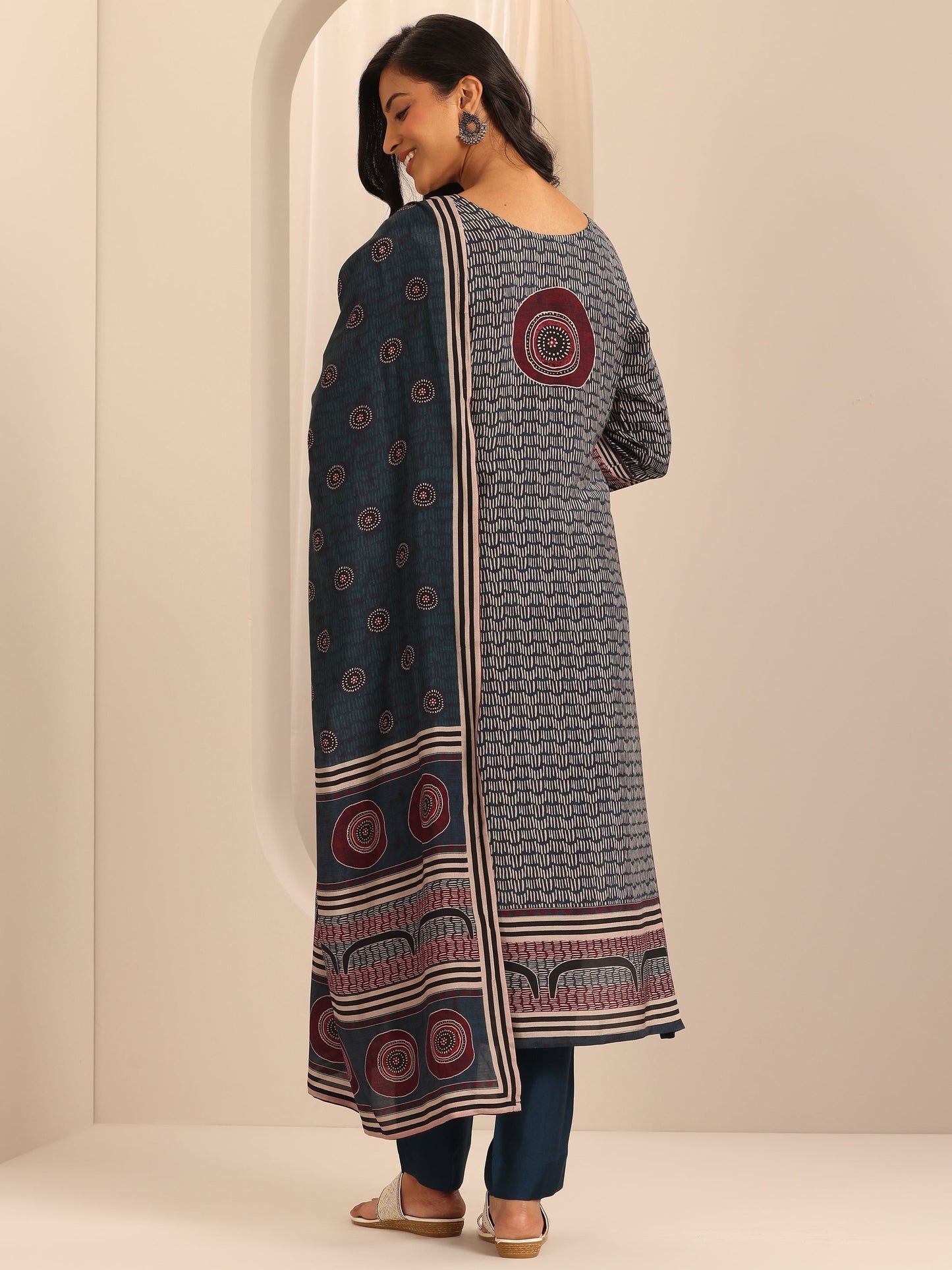 Navy Blue Printed Muslin Straight Suit Set With Dupatta