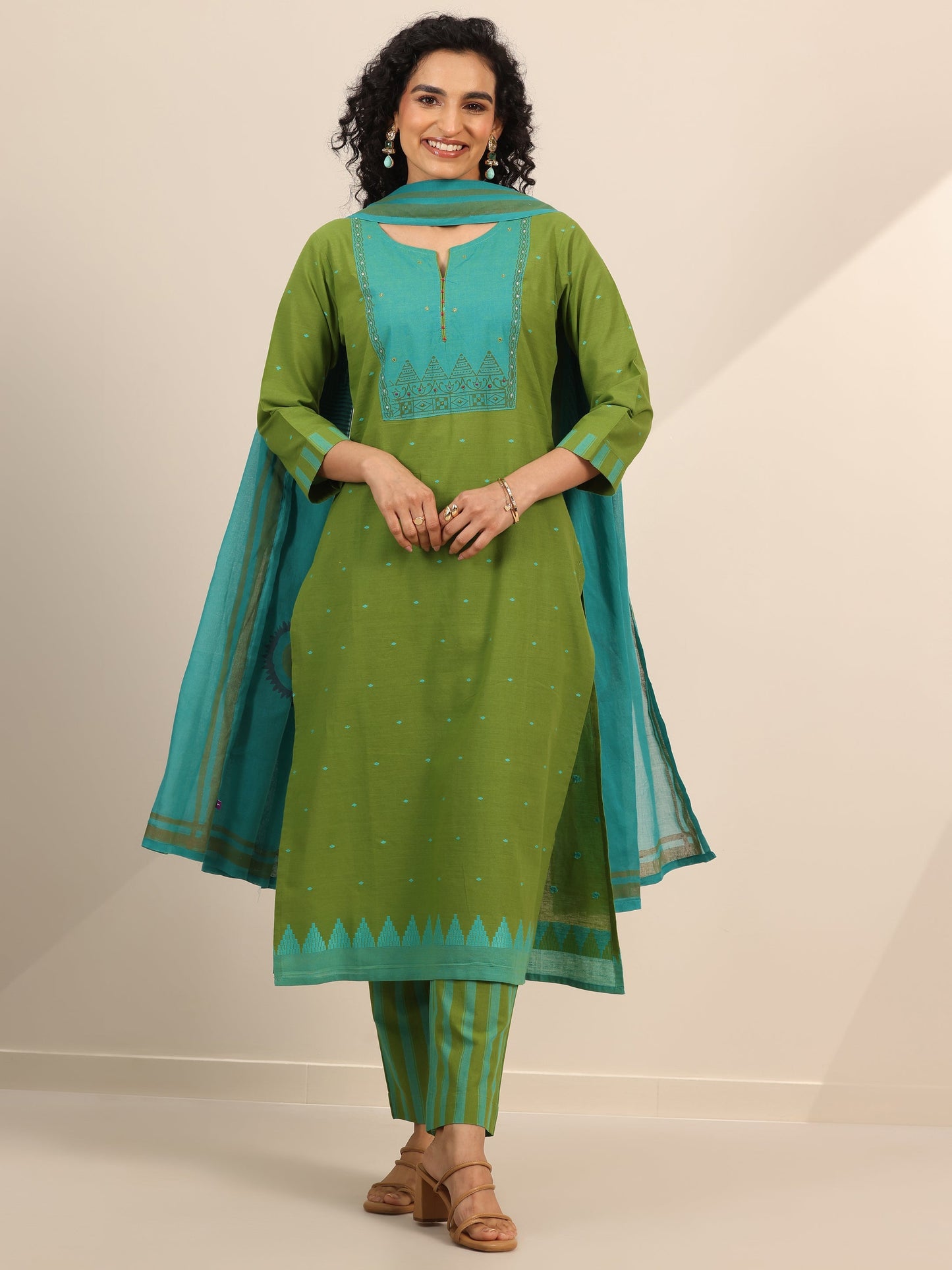 Green Printed Cotton Blend Straight Suit Set With Dupatta