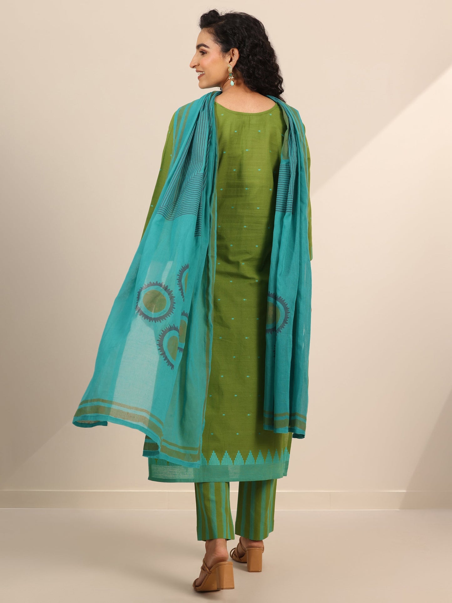 Green Printed Cotton Blend Straight Suit Set With Dupatta