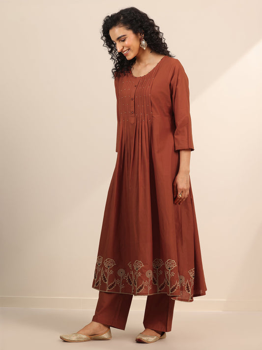Rust Embroidered Cotton Blend Anarkali Suit Set With Dupatta