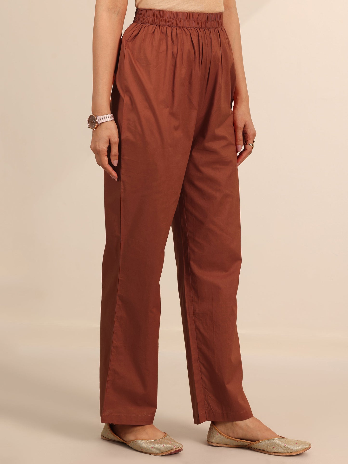 Rust Embroidered Cotton Blend Anarkali Suit Set With Dupatta