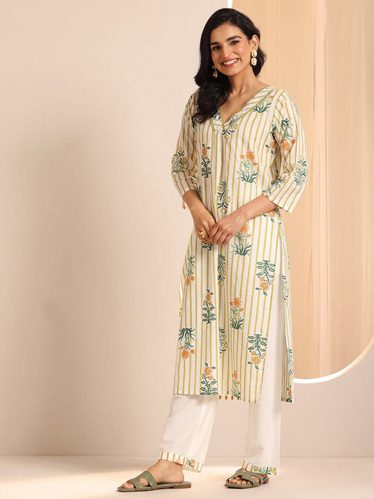 Off White Printed Cotton Straight Suit Sets With Dupatta