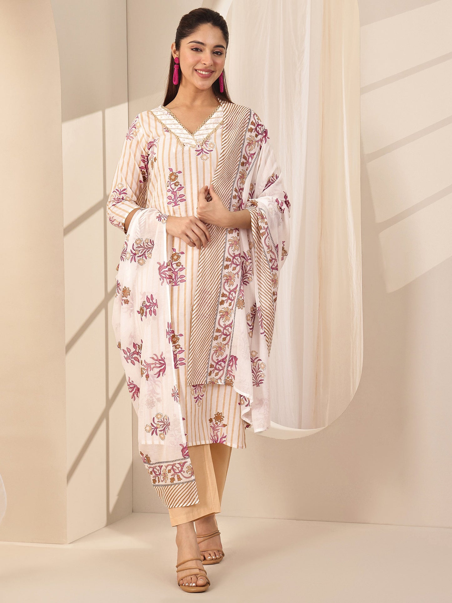 Off White Printed Cotton Straight Suit Sets With Dupatta