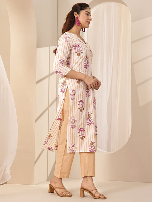 Off White Printed Cotton Straight Suit Sets With Dupatta