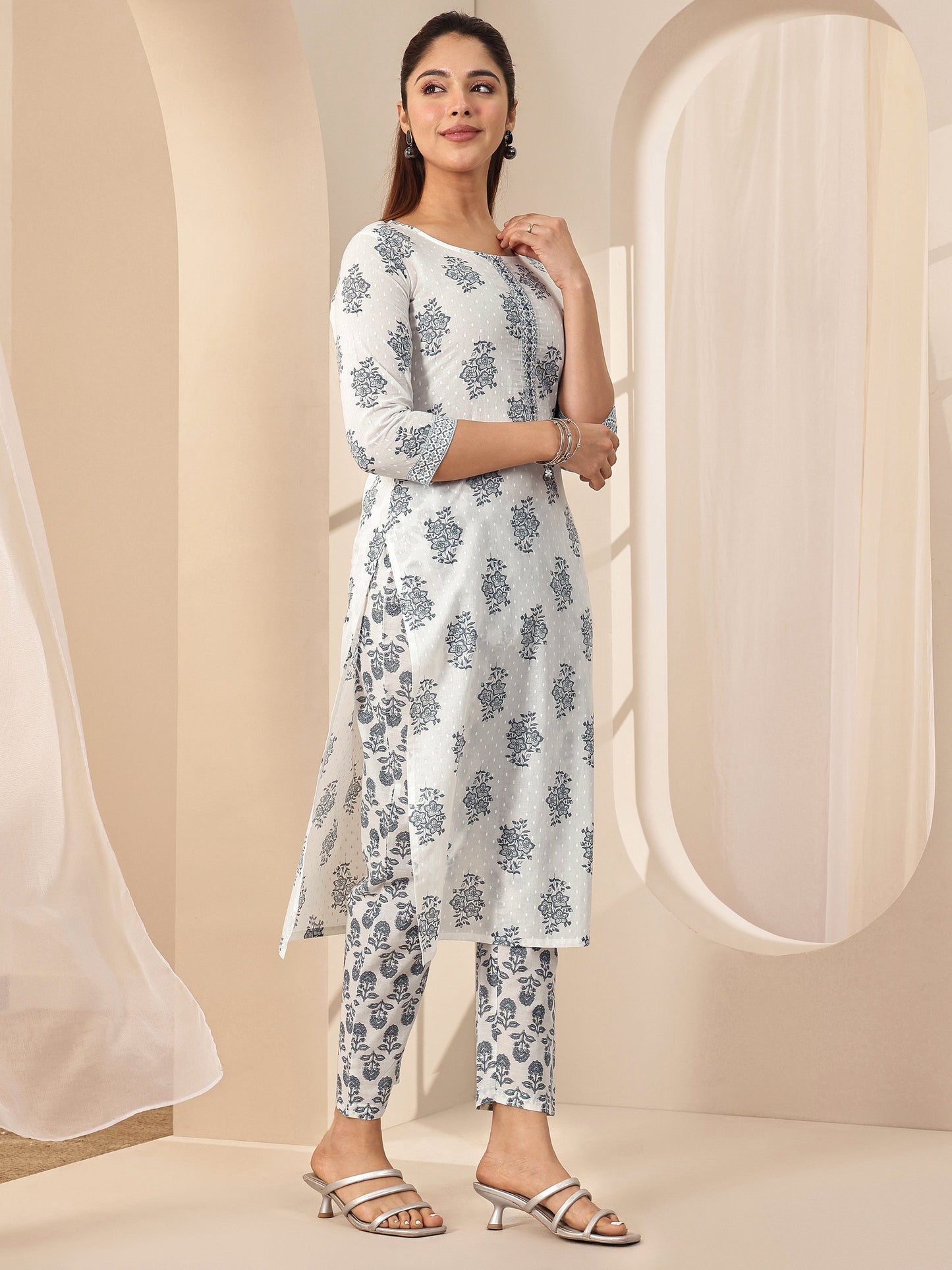 Off White Printed Cotton Straight Suit Sets With Dupatta