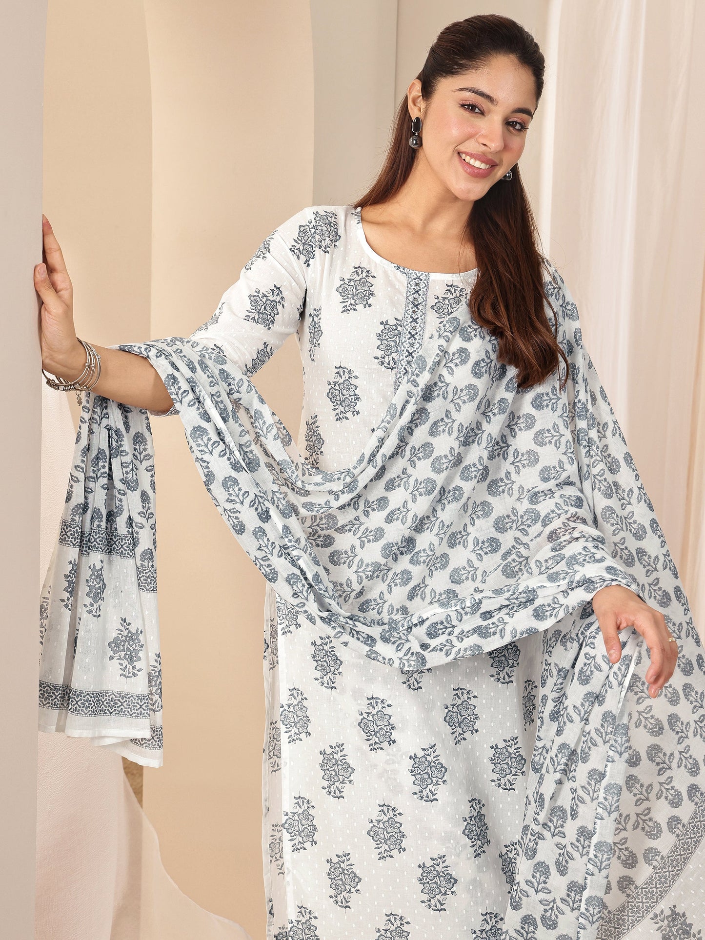 Off White Printed Cotton Straight Suit Sets With Dupatta