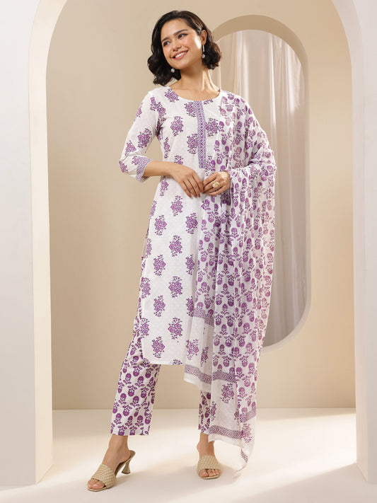 Off White Printed Cotton Straight Suit Sets With Dupatta