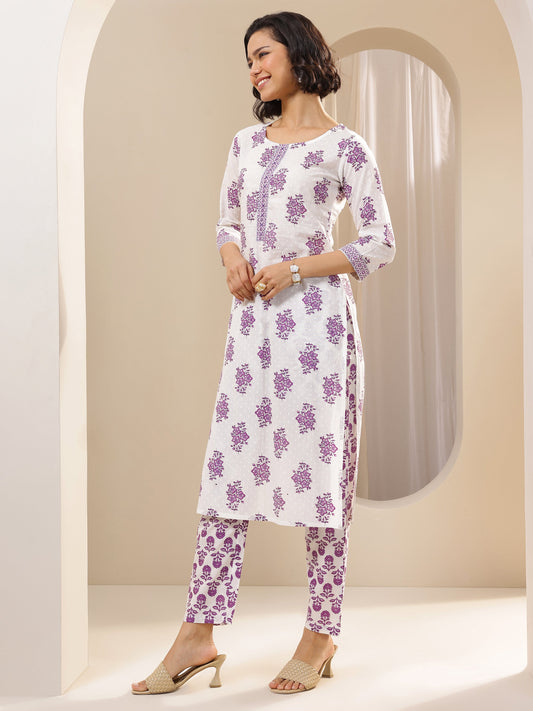 Off White Printed Cotton Straight Suit Sets With Dupatta