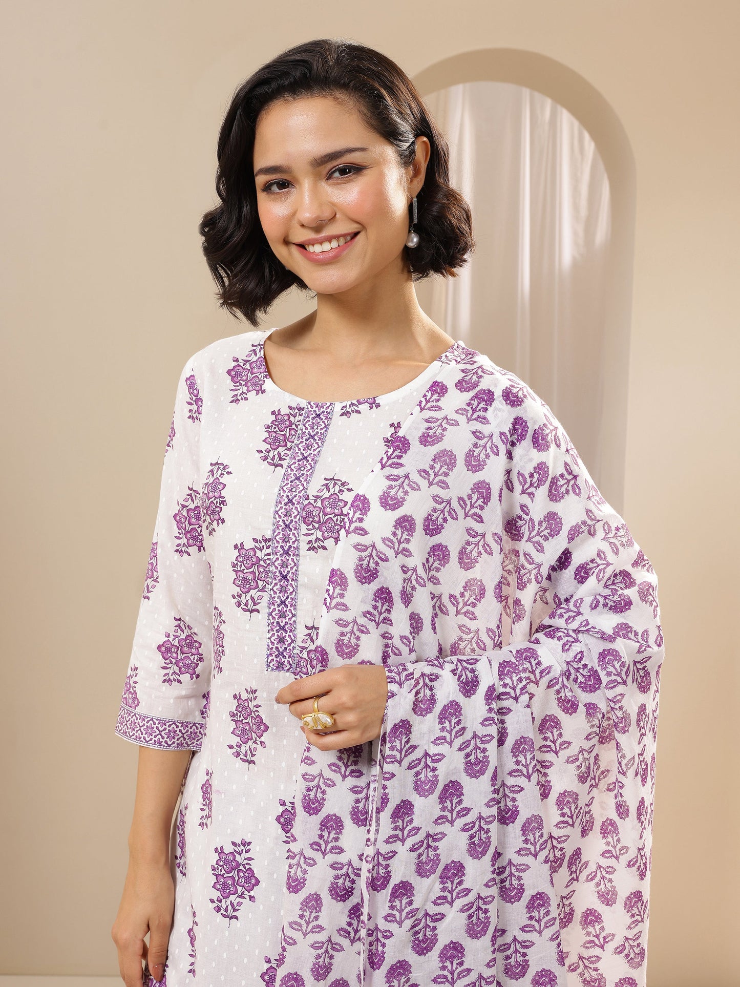 Off White Printed Cotton Straight Suit Sets With Dupatta