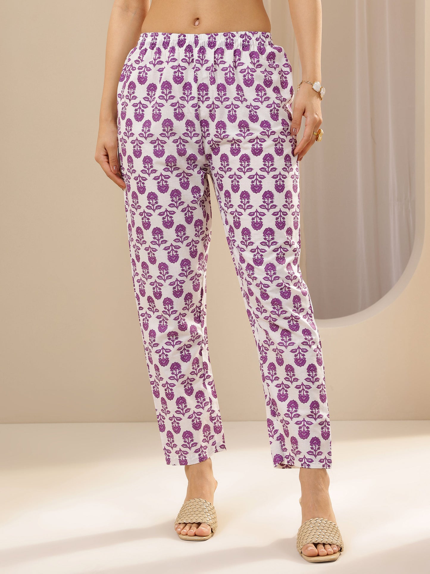 Off White Printed Cotton Straight Suit Sets With Dupatta