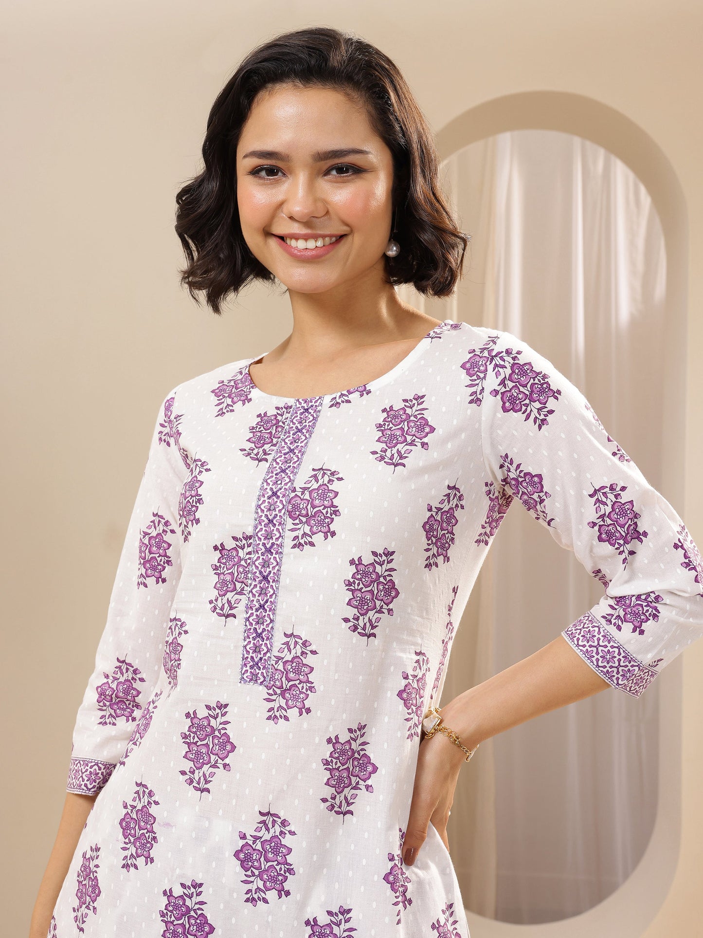 Off White Printed Cotton Straight Suit Sets With Dupatta