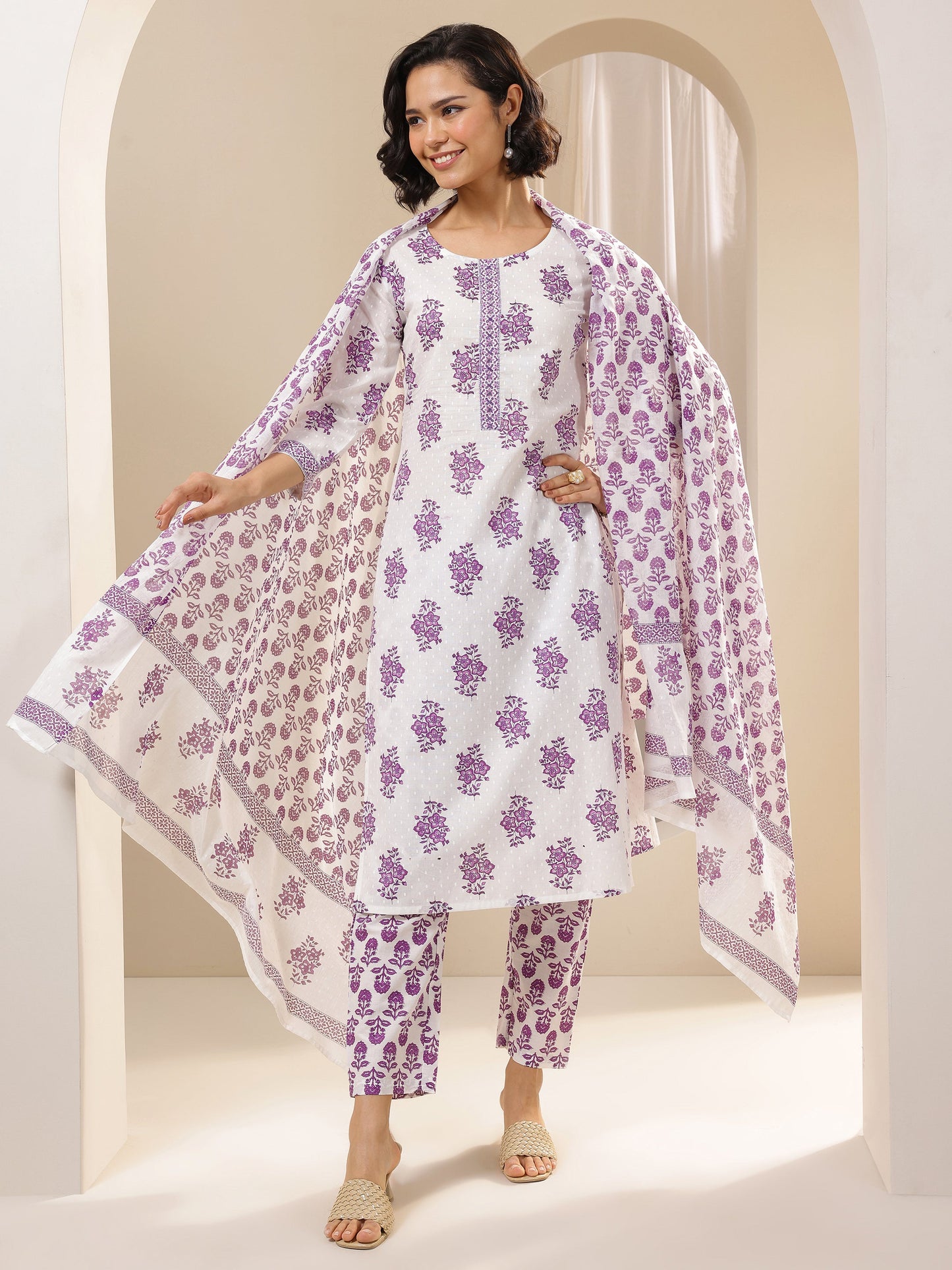 Off White Printed Cotton Straight Suit Sets With Dupatta